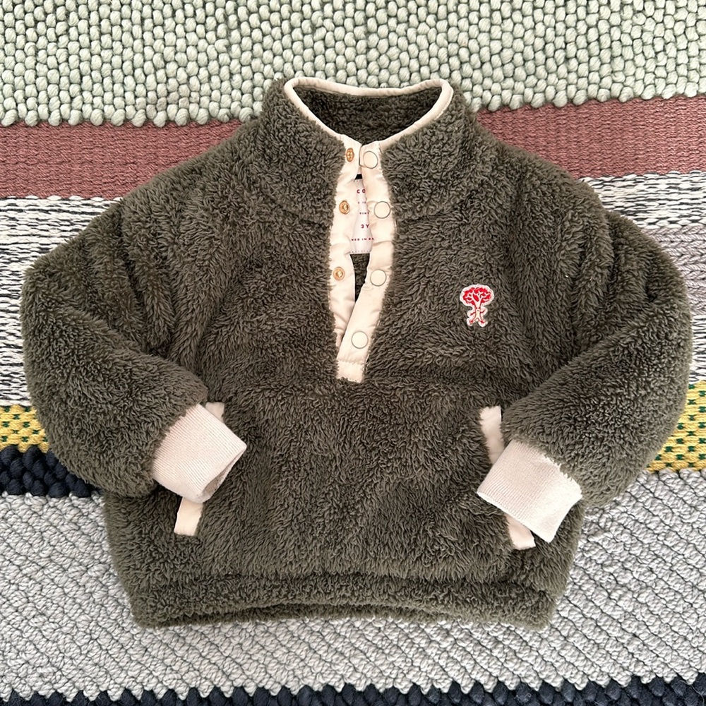 Kids Cozy Sherpa Pullover Jacket - Olive Green